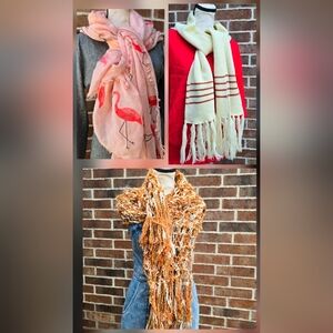 Scarf Bundle Lot | Fringe + Flamingo Print + Vintage Striped | OS